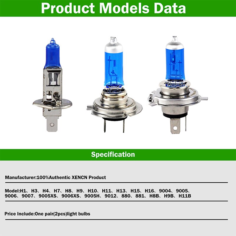 XENCN 12V H1 H3 H4 H7 H8 H9 H10 H11 H13 H15 H16 880 881 9005 9006 9012 5300K Blue Diamond Light Car Headlight Halogen Lamps 2pcs