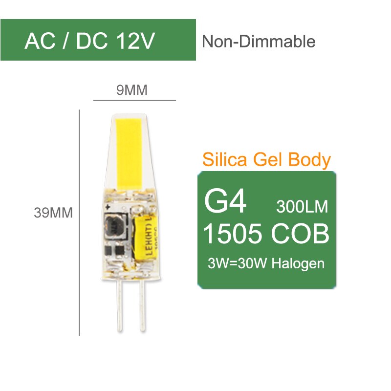 = (K) = LED COB G4 G9 E14 Dimbare Lamp AC/DC 12V 3w 5w 6W 220V LED G4 G9 Gloeilamp voor kroonluchter vervangen halogeen Lamp: G4 ACDC 12V 3W NoDim / Warm White / x1 pcs lamp