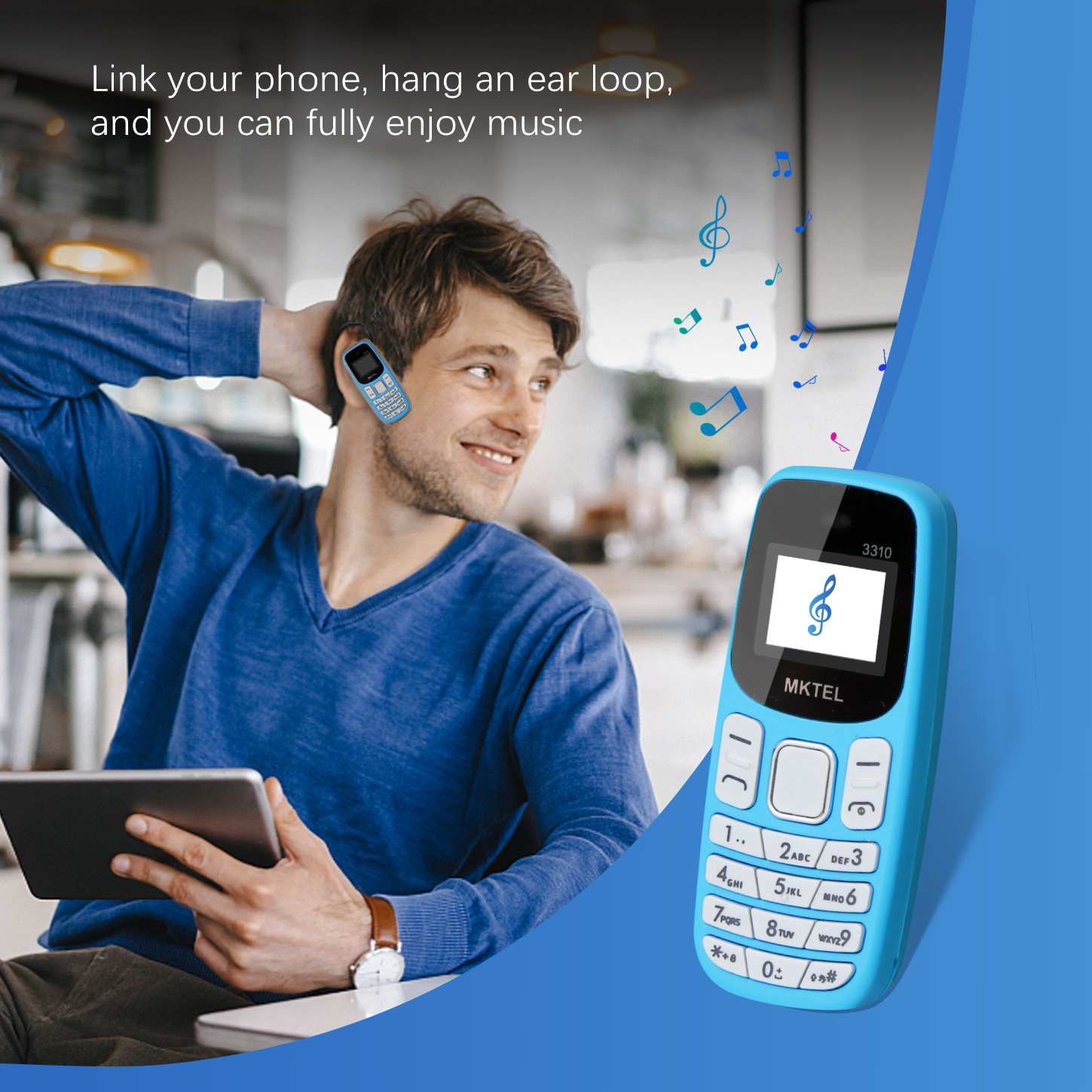 Mktel 3310 mini funktionstelefon med ørekrog, dobbelt sim-kort, dobbelt standby,  mp3/mp4/ fm-radio/bluetooth/gprs