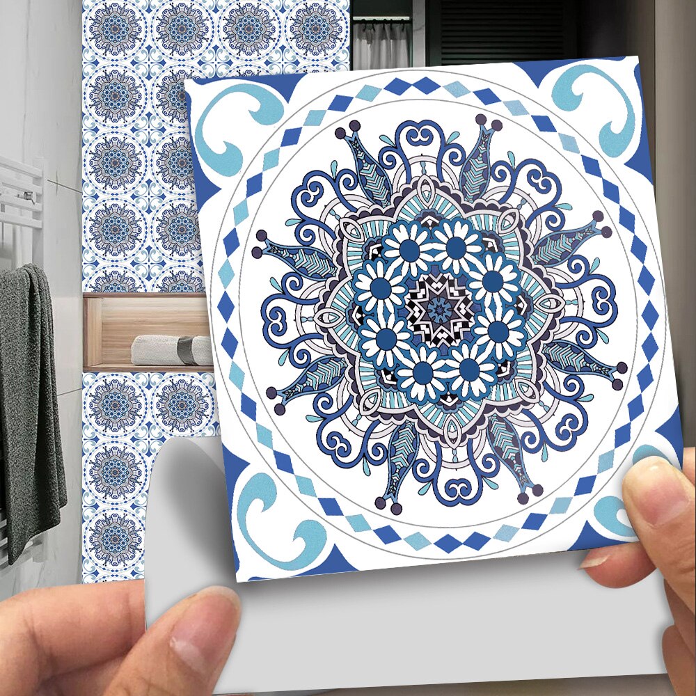 6pcs/set Blue and White Porcelain Pattern Tile Floor Stickers Kitchen Bathroom Ceramics Art Mural Home Decor PVC Wall Sticker