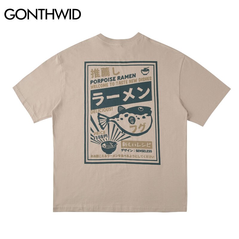 GONTHWID Puffer Fisch Ramen Drucken Kurzarm T Hemden Harajuku Hüfte hüpfen lässig Streetwear T-Hemden Hemd Herren Sommer zu