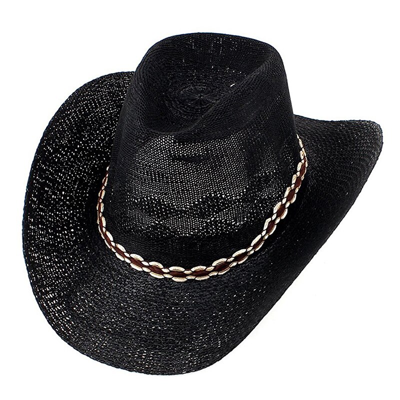 Men's adjustable roll braided black wide-brimmed cowboy hat
