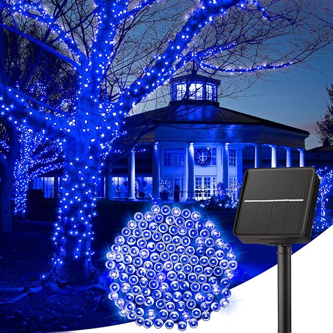 Guirnalda de luces navideñas solares para exteriores, 30/100 LED, 8 modos, luces solares para exteriores, adecuadas para jardín, terraza, valla, fiestas navideñas: Luna Azul / 0-5 W