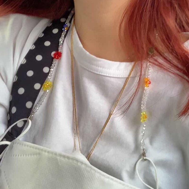AOMU Neue Süße Bunte Blumen Klar Kristall Halskette Maske Kette Gläser Halfter Gurt Schlüsselband für Frauen freundlicher Zubehör