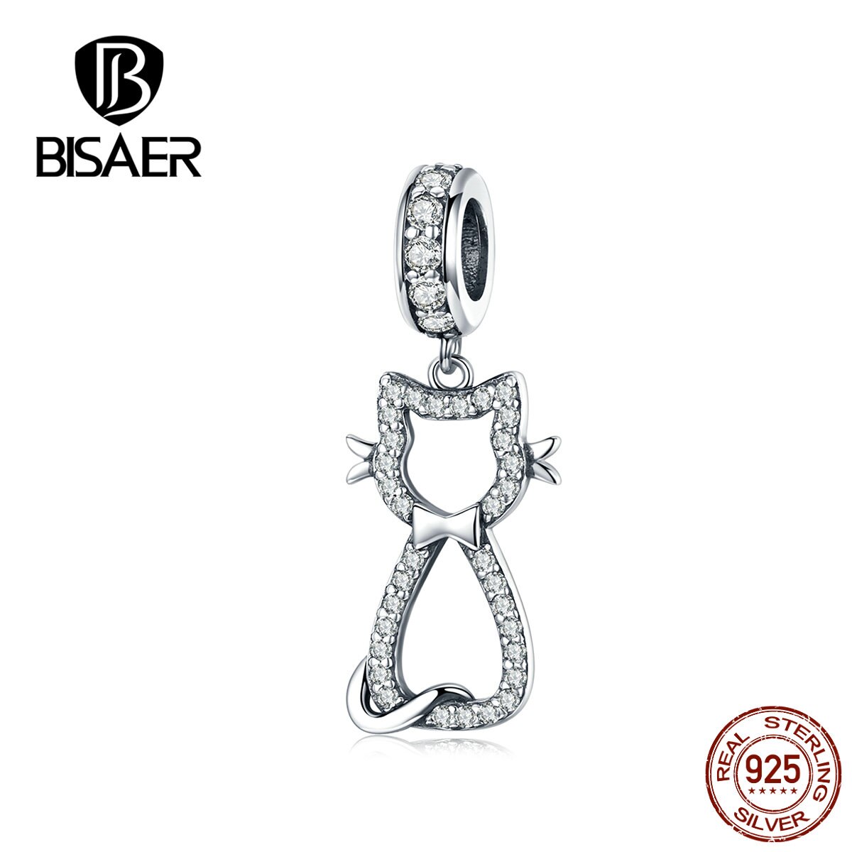 BISAER Cat Pendant 925 Sterling Silver Animal Kitten Pussy Charms Beads fit Bracelets Cubic Zircon DIY Jewelry Making ECC1162
