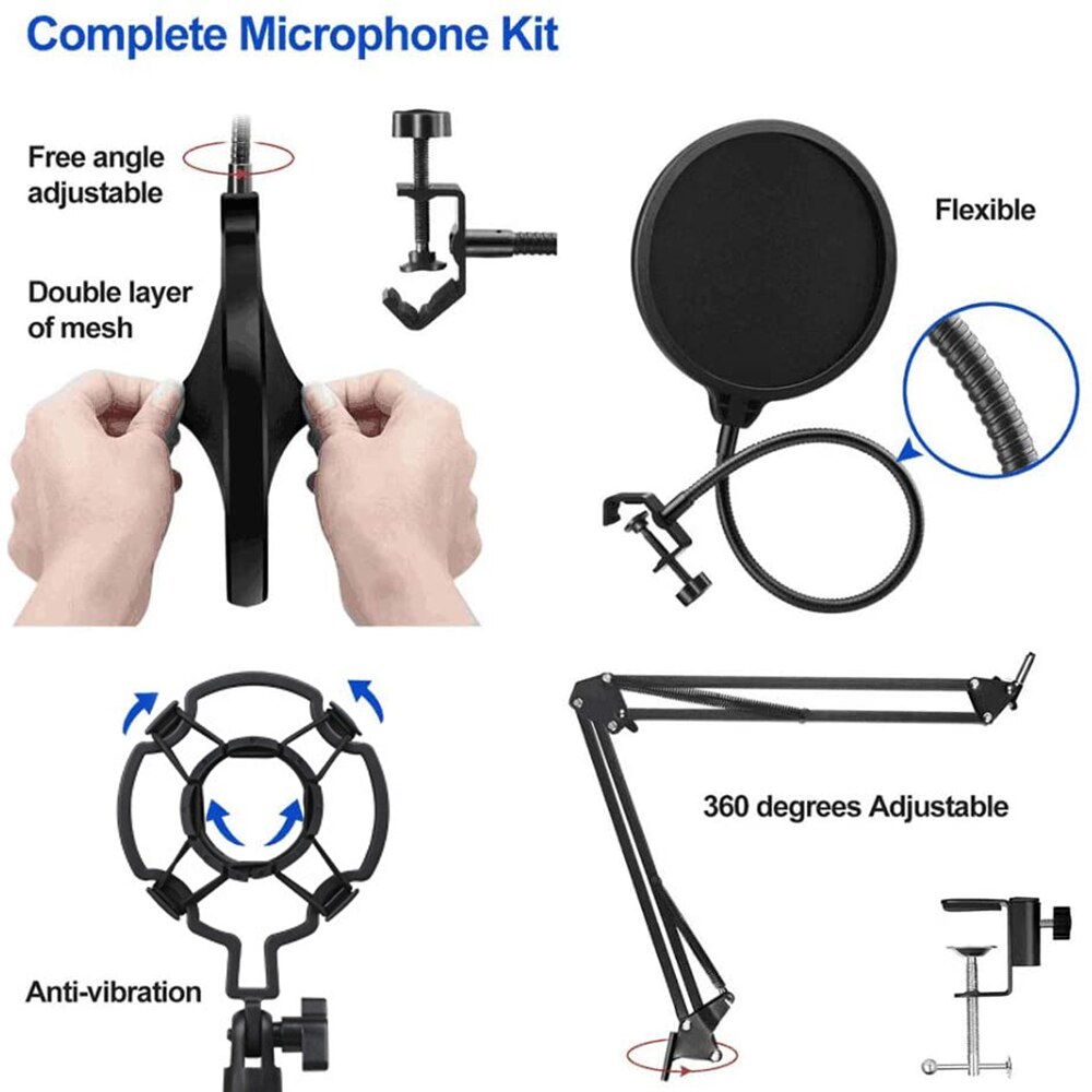 Studio Recording Condenser Microphone Kit with Shock Mount Flexible Scissor Arm for Network Broadcasting Online Singing