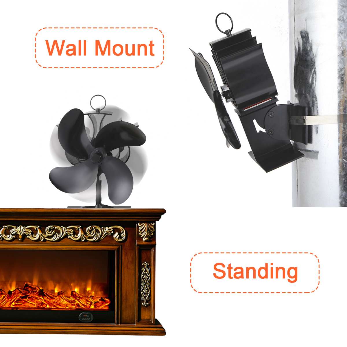 Efficiënte pijp gemonteerde zwarte open haard 4 bladen warmte aangedreven kachel ventilator houtkachel ecofan stille thuis warmteverdeling