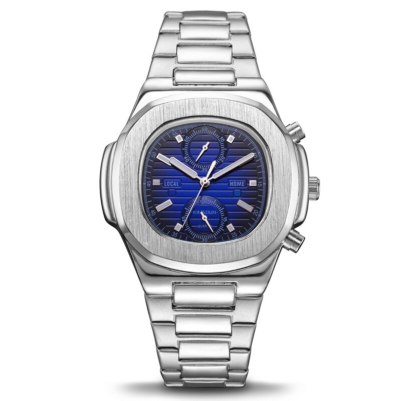 Rustfrit stål sportsur vandtæt kronograf firkantet kvarts armbåndsur: Sølvblå