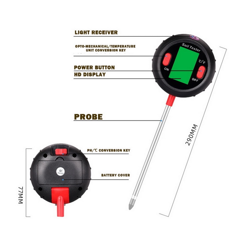 5 in 1 ph meter tester plantentest sonde ph vochtmeter temperatuur zonlicht meting zuurgraad alkali: Zwart 5 in 1