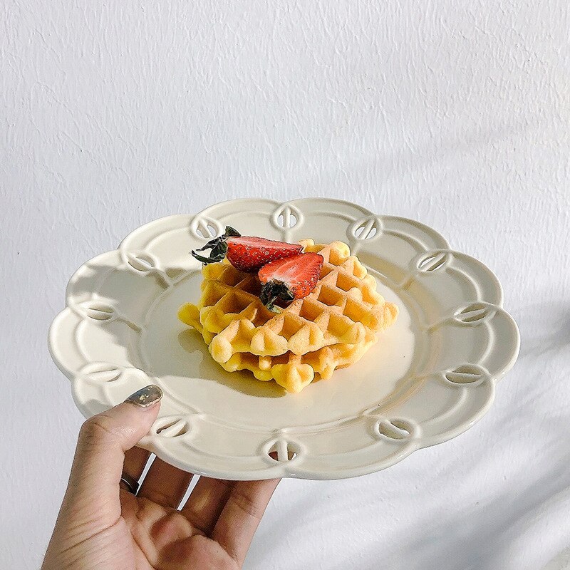 French Style Vintage White Snack Plates Ceramic Embossed Dessert Bread Trays Cake Dishes Bridal Shower Wedding Party Tablewares
