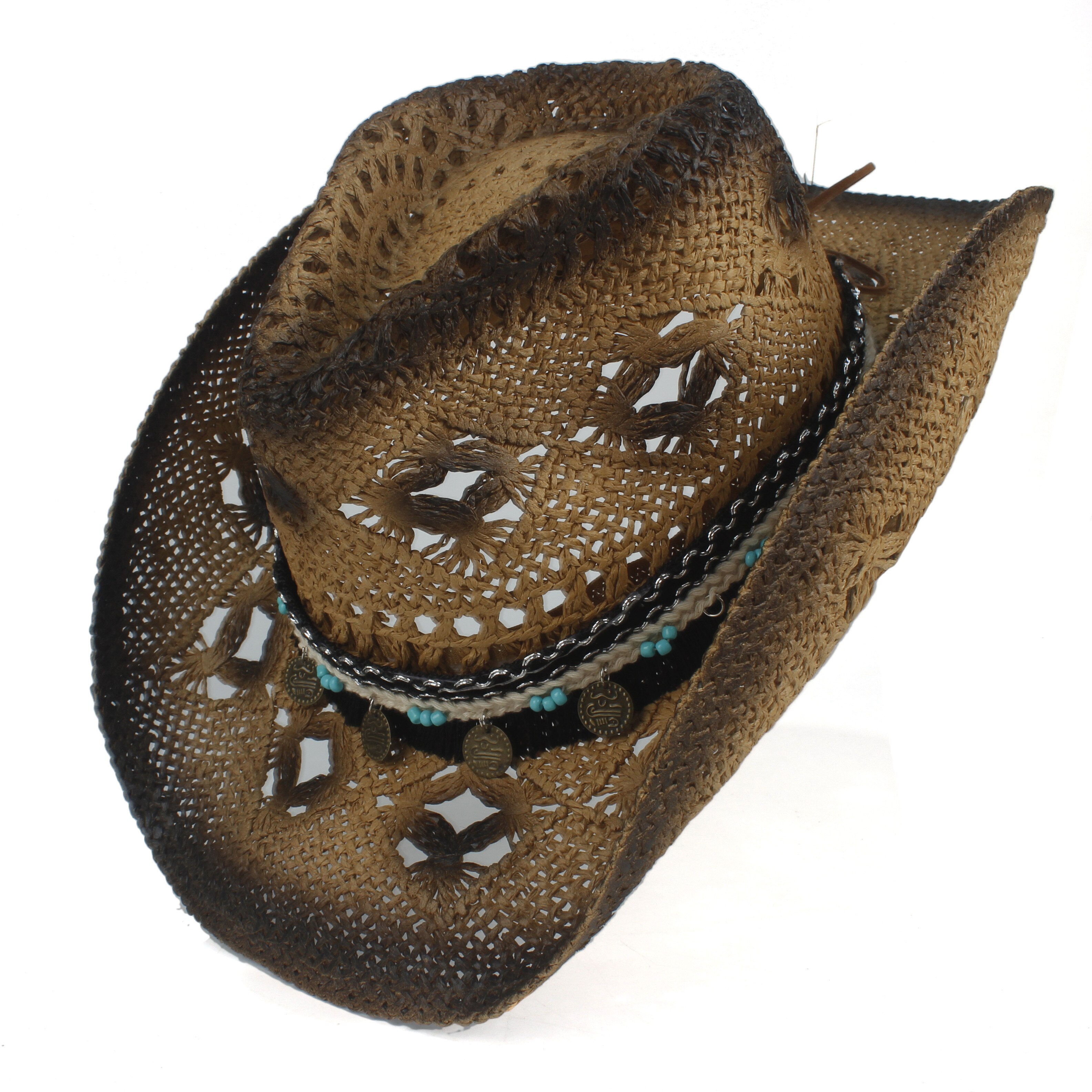 Handmade Böhmen Quaste Frauen Stroh Hohl Western Cowboy Hut Dame Sombrero Hombre Strand Cowgirl Jazz Sonnenhut Größe 56- 58 CM