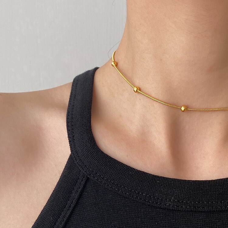 Huanzhi 2020 novo simples titânio aço pouco ouro cor contas de metal clavícula corrente colar para mulher gargantilha charme colar