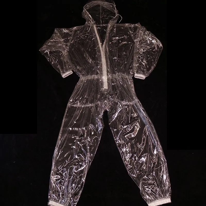Herren-Gesamt, handgefertigt, rosa, durchsichtiges PVC, wasserdicht, langärmelig, mit Kapuze, regendicht, DJ, Verein, Bar, coole Kostümich: M / Freier Raum