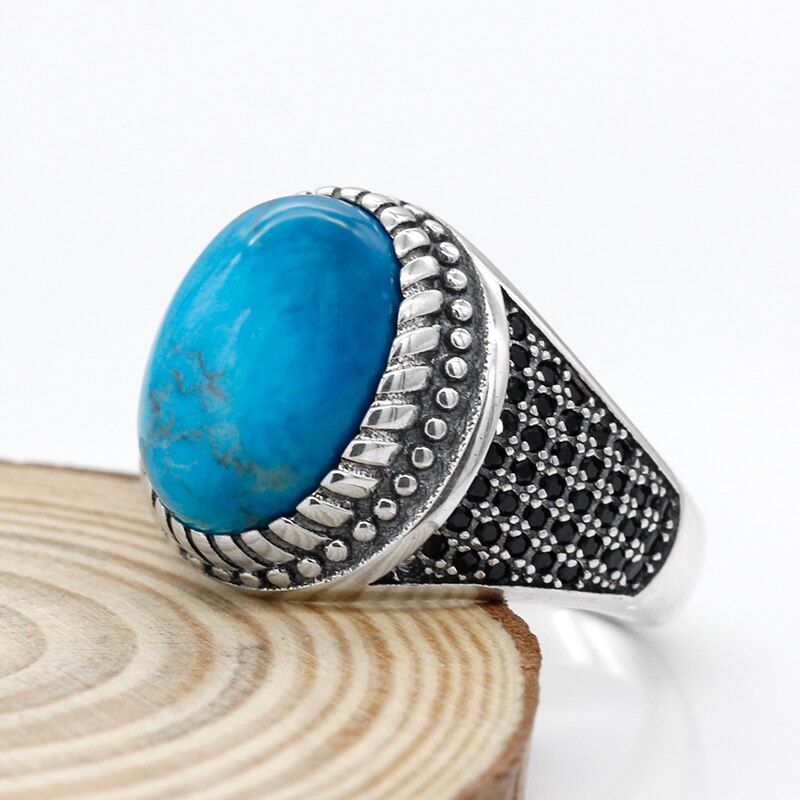 Echt 925 Sterling Zilveren Mannen Ring Met Blauwe Natuurlijke Turquoise &amp; Black Cz Steen Vintage Thai Zilveren Ring Voor Mannelijke turkse Sieraden
