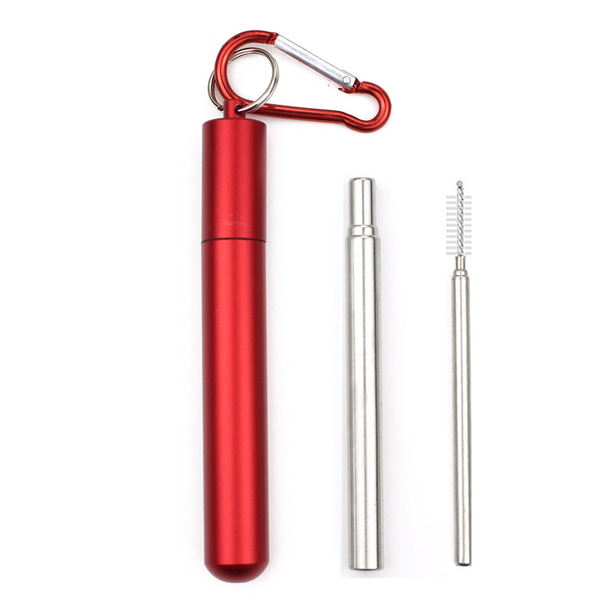 Reusable Stainless Steel Straws with Aluminum Keychain Case Cleaning Brush Collapsible Telescopic Portable Drinking Straws: Red2-yuan