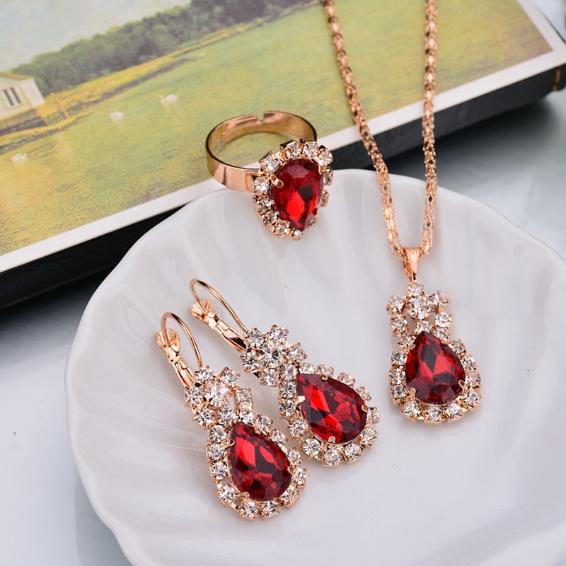 6 cores colar/brincos/anéis conjuntos de jóias argola brincos gota de água brincos vermelho conjunto de jóias strass para mulher: red