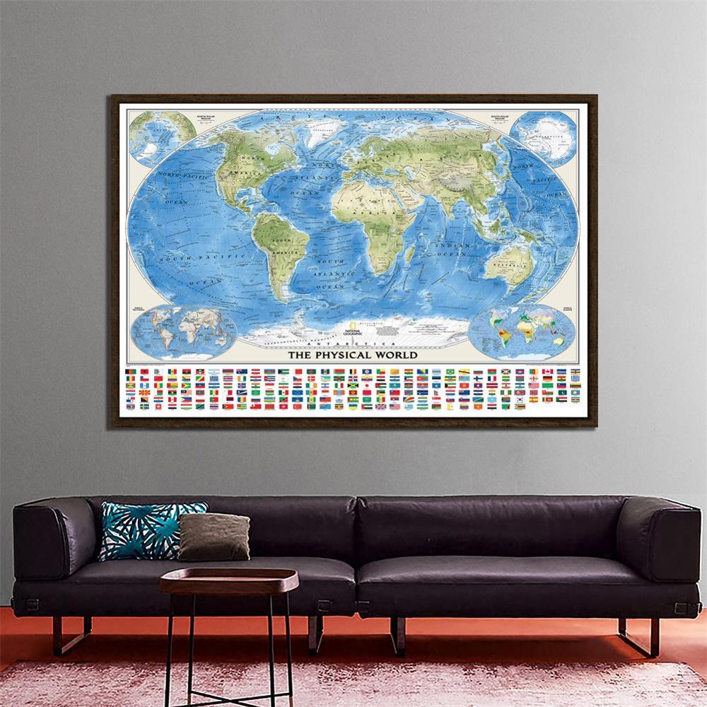 150X225 Cm De Wereld Fysieke Kaart Met Wereld Tektoniek En Klimaat Non-woven Wereldkaart Met Nationale vlaggen