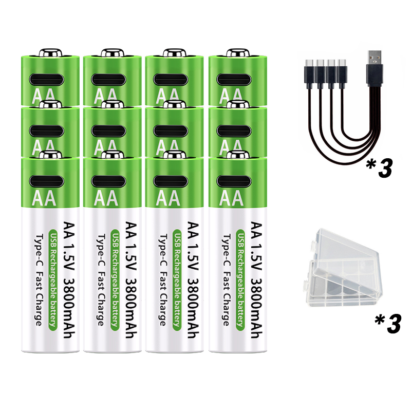 LIKEKALA Li-ion AA Rechargeable Batteries USB Lithium-ion 3800mAh 1.5V AA Rechargeable Batteries+ Data Cable and Storage Box: MULTI