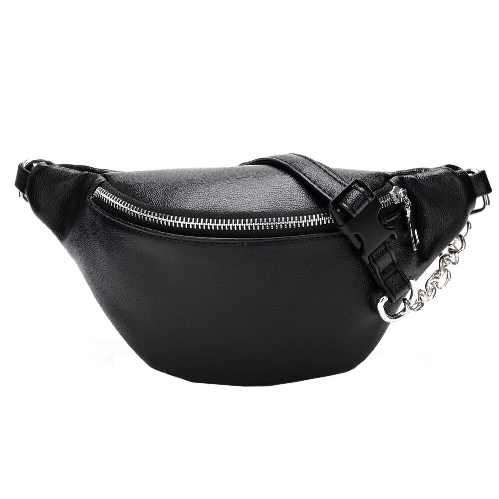 Riñonera de cuero negro con cadena para Mujer, bolso de hombro y pecho, a la , #15: Black