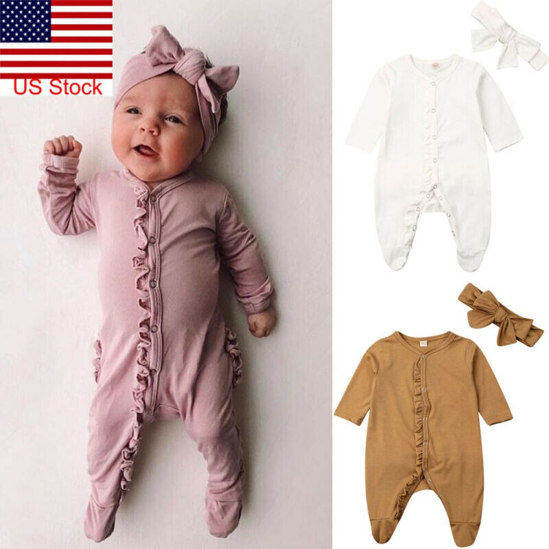 Pudcoco Mode 0-12M Pasgeboren Baby Baby Boy Meisje Katoenen Romper Lange Mouw Solid Jumpsuit Kleding Hoofdband 2 STUKS Outfit