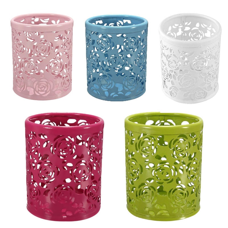 Metal hollow rose flower cylindrical pen pen holder holder container retro makeup brush holder office storage XH8Z