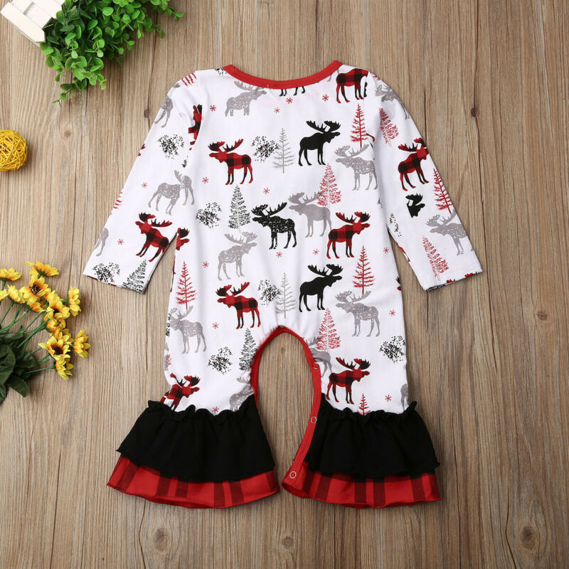Baby forår efterår tøj jul nyfødt spædbarn baby pige rensdyr print tøj romper jumpsuit flæsede outfits 0-24m