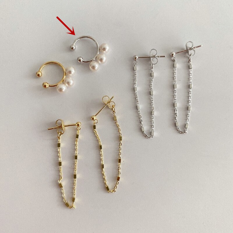 Huanzhi korea retro perlelegering øreklemme lang kvast øre linje metal ingen piercing øreringe til kvinder pige fest smykker: B øreclips i sølv