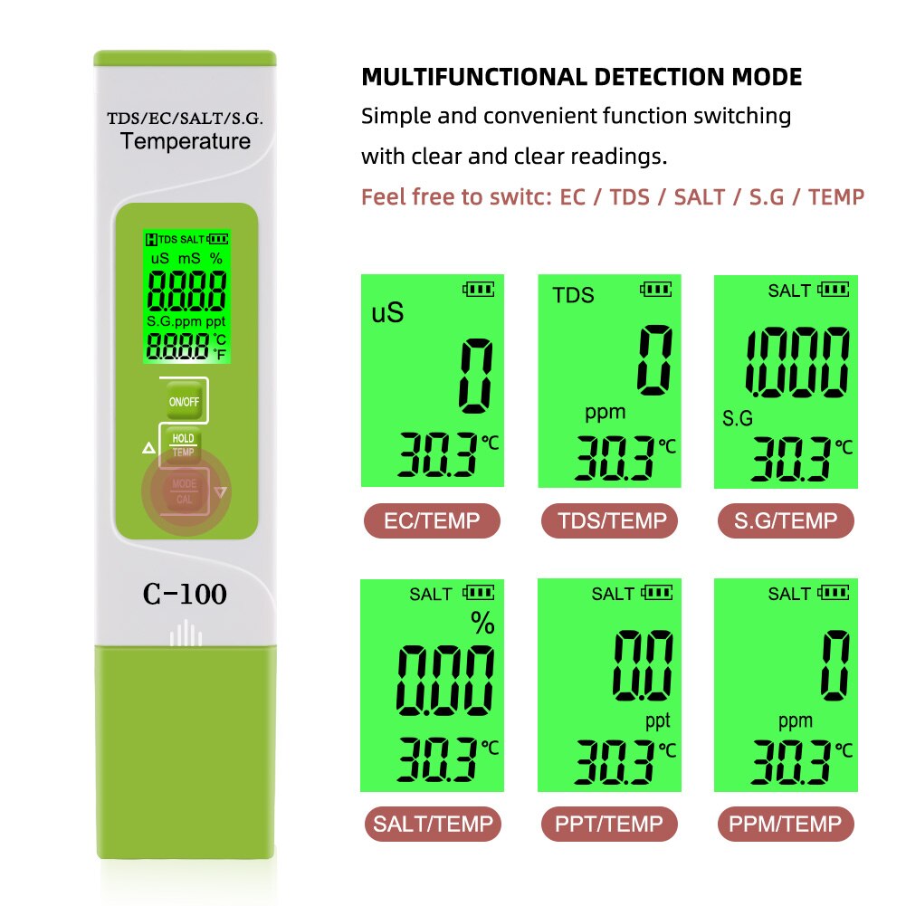 5 in 1 TDS/EC/Salinity/S.G/Temperature Meter Water Purity Digital Multifunction Tester Monitor for Drinking Water Food