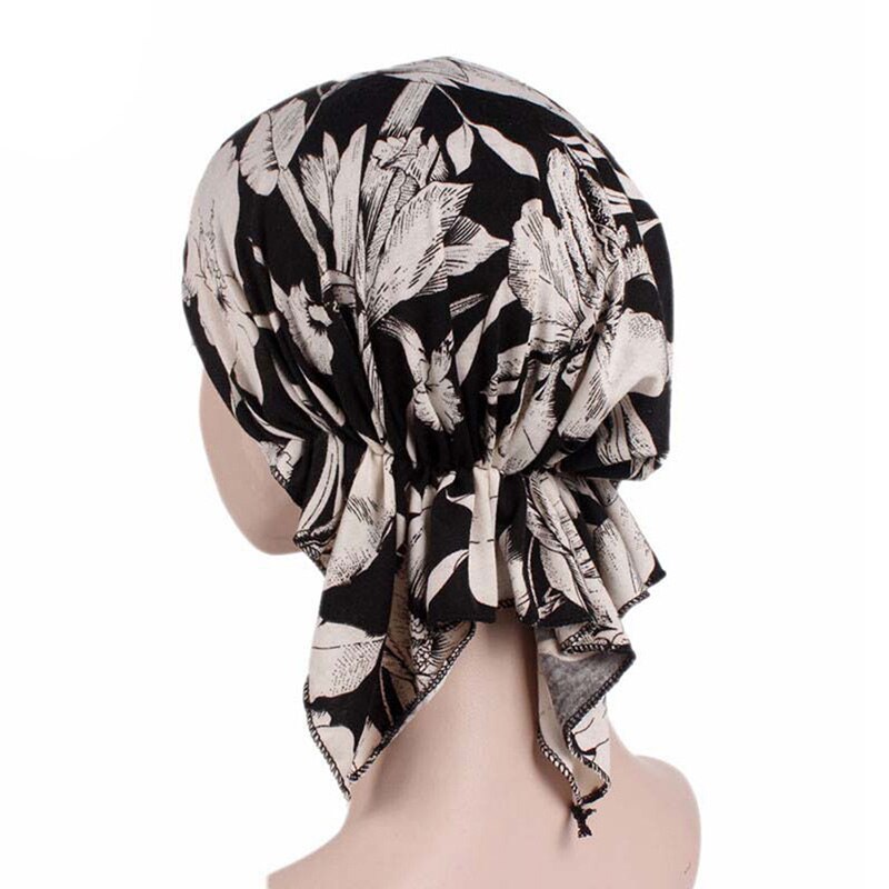 Women Feather-print Turban Hat Long Hair Hat Night Sleep Cap Lady Hair Care Bonnet Headwrap Muslim Hat Indian Hat