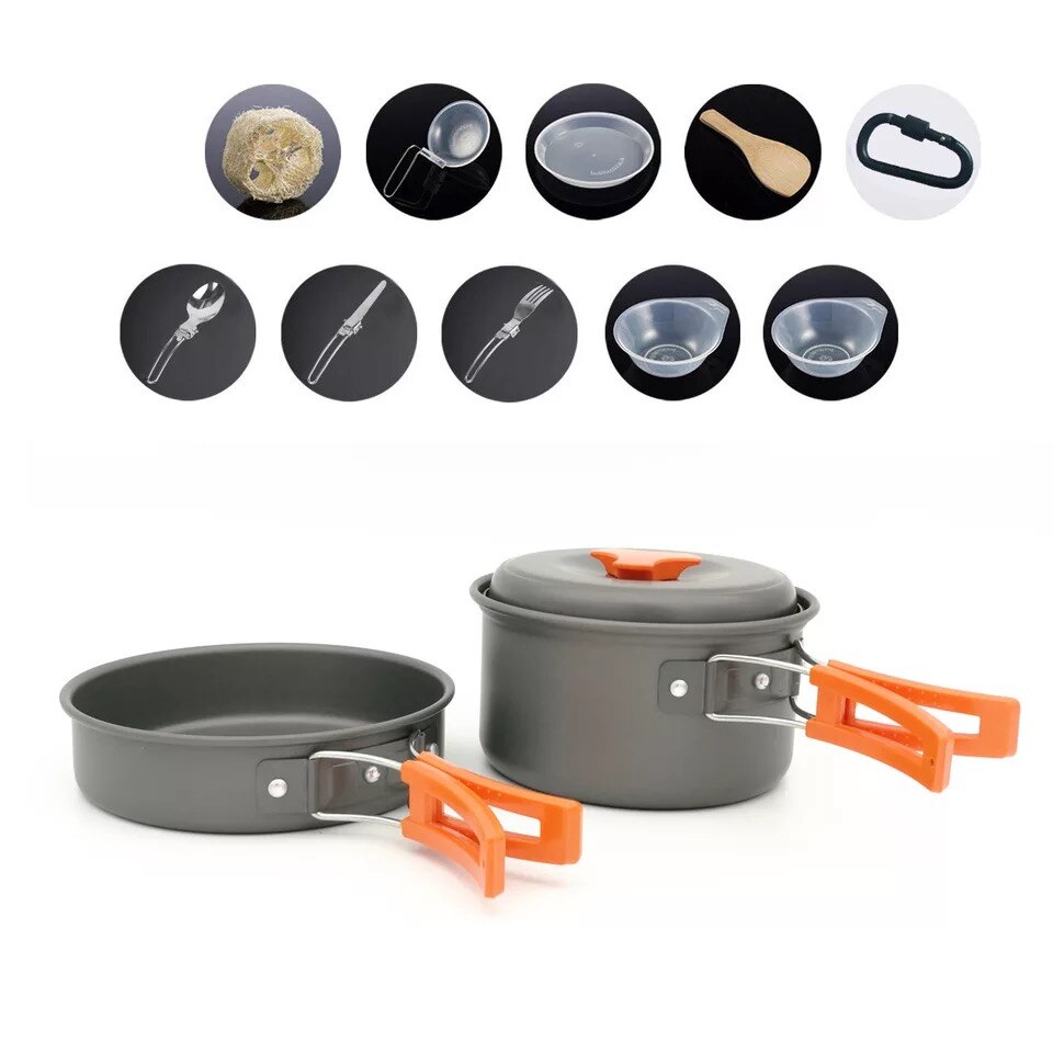 K&a utomhus 12 st bärbar kastrull set utomhus servis backpacking matlagning picknick camping köksredskap med hopfällbar sked gaffel cut: Orange