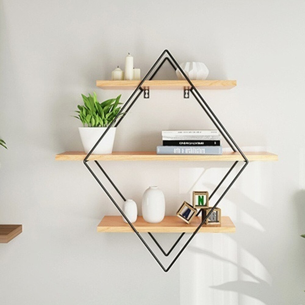 Étagère murale en forme de losange métallique, à 3 niveaux, étagère de rangement pour unité murale rétro en bois, Style industriel, noir