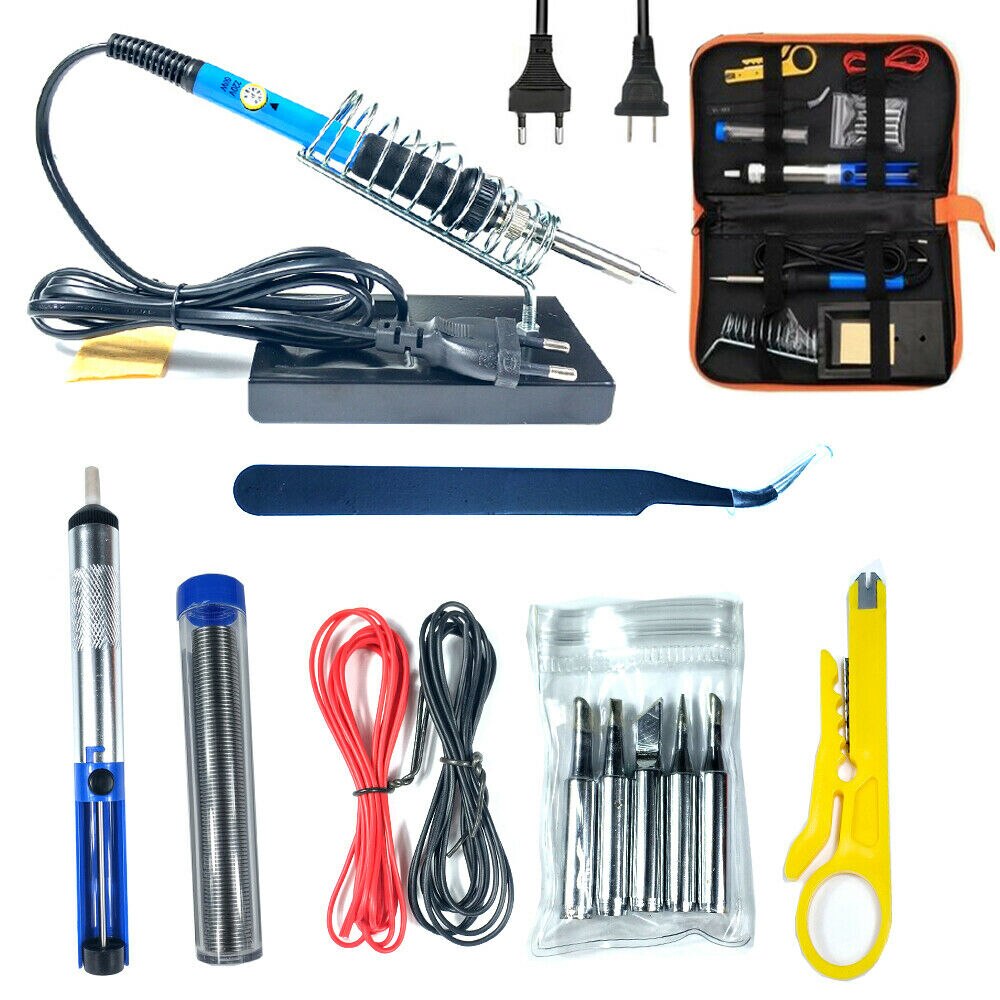 60W Adjustable Temperature Electric Soldering Iron Kit+5Pcs Tips Stand Holder Tweezers Portable Welding Repair Power Tools Set: 14 in 1