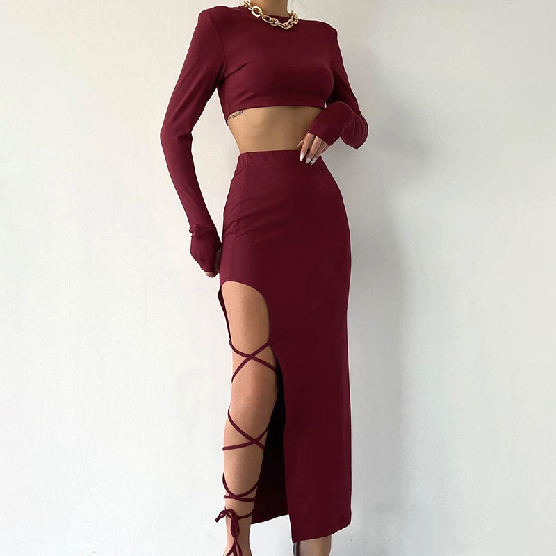 CUTENOVA – pull à manches longues, haut court Simple, taille élastique, col licou, fente haute, sans jambes, cravate Sexy, couleur unie, demi-jupe