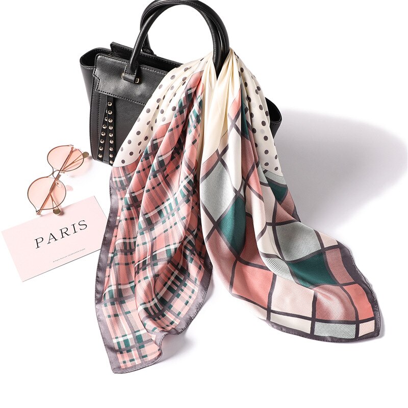 Silkeskjerf firkantet dame hår tørkle sjal og omslag kvinner skjerf liten størrelse kontor kvinne print hals foulard: Fj146 rosa grå