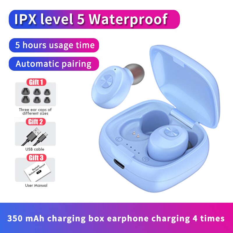 IPX5 Bluetooth Wireless Headphones 3D Stereo Sound Earbuds with Charging Box Waterproof Sport Earpiece Long Battery Life Headset: Blue