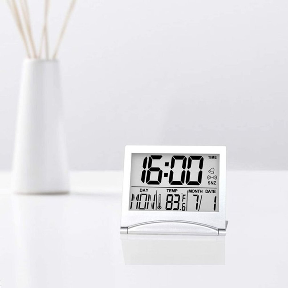 Digital Alarm Clock Foldable LCD Travel Clock With Calendar Temperature Snooze Large Display Desk Clock