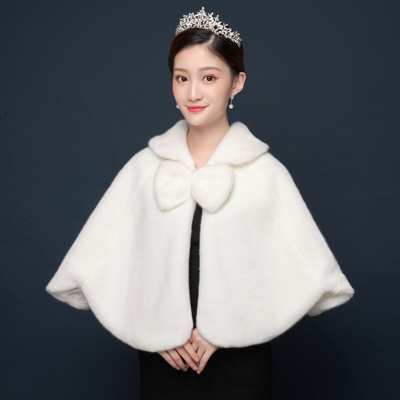 JaneVini Winter White Capes Bridal Faux Fur Wraps for Wedding Big Bow Women Warm Bolero Shawls Evening Cloak Brides Accessories