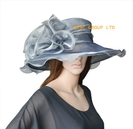 Lime green Wide brim Crystal organza hats church for kentucky derby wedding women's hat races: SILVER GREY