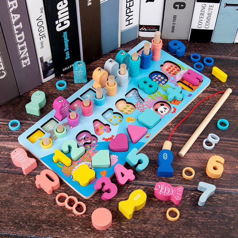 Montessori Giocattolo Di Legno 3D Alfabeto Colorato Puzzle Di Numero di Forma Geometrica Cognizione di Pesca Conteggio Giocattoli Educativi Per I Bambini: Cioccolato