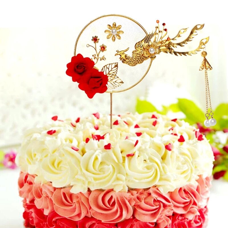 Lichtmetalen Phoenix Cake Decoratie Red Rose Cake Topper Voor Verjaardag Party Decor