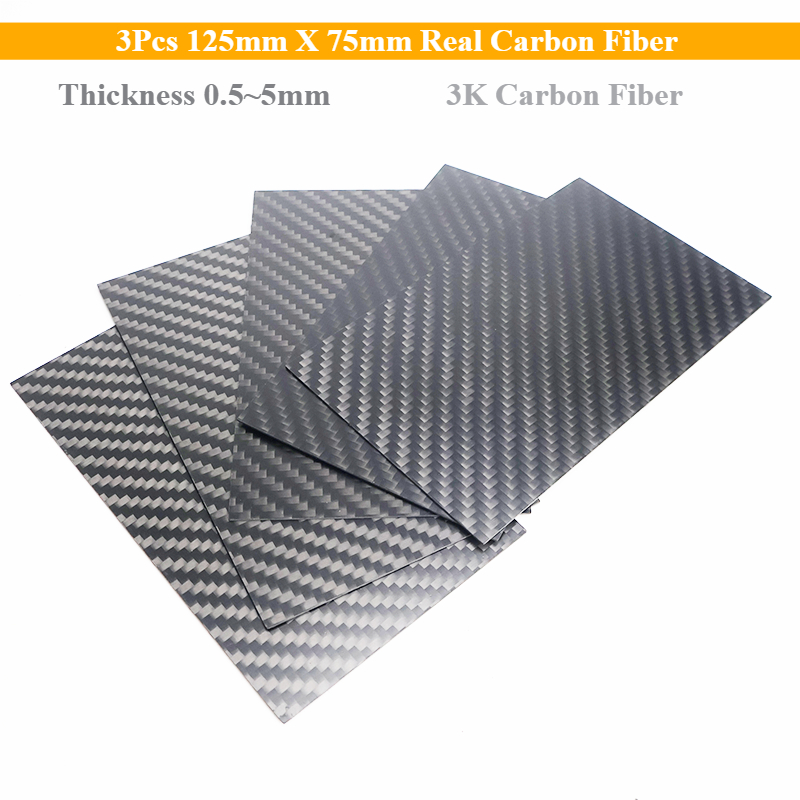 3Pcs 125mm X 75mm Real Carbon Fiber Plate Panel Sheets 0.5/ 1/ 1.5/ 2/ 3mm 4mm 5mm Thickness Composite Hardness Material Cutting