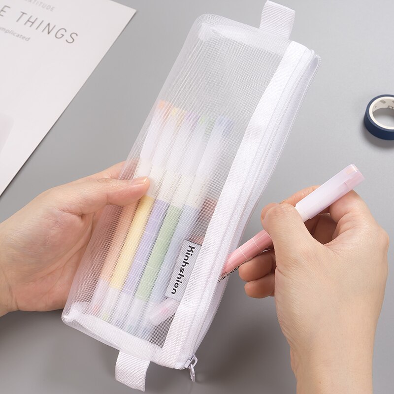 1pcs Simple Transparent Mesh Pencil Case School Supplies Colour Pen Box Office Student Pencil Cases Nylon