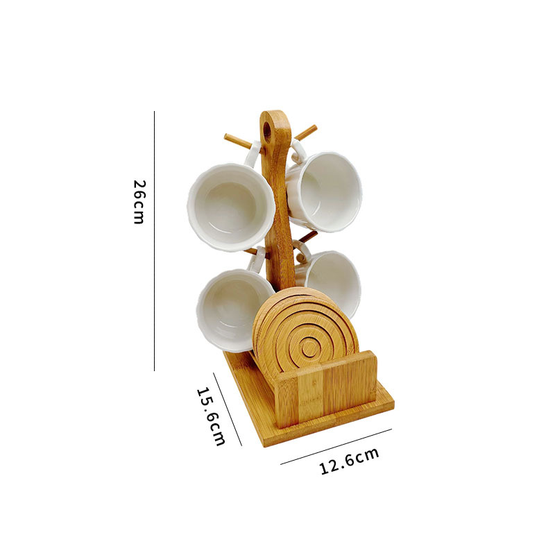 Taza de café de cerámica de 200ml para el hogar, juego de tazas de agua fría colgantes simples y creativas, juego de té de restaurante de cocina, soporte de madera de Bambú: VIOLETA/Violeta