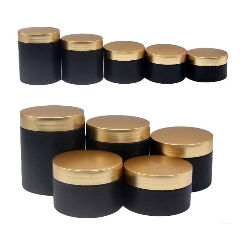 Envases cosméticos vacíos PET cuidado de la piel negro escarchado 100ml120ml150ml 200ml 250ml 8oz macetas de crema facial de plástico con tapa dorada 24 Uds
