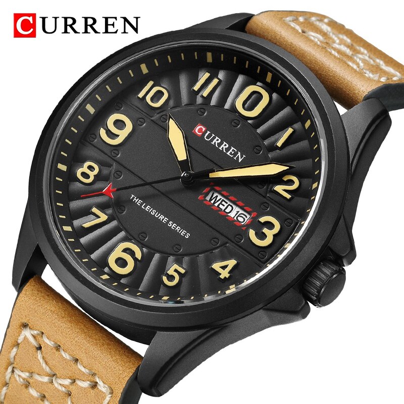 CURREN-reloj analógico con correa de cuero para hombre, accesorio de pulsera de cuarzo resistente al agua con cronógrafo, complemento masculino deportivo de de lujo con moderno