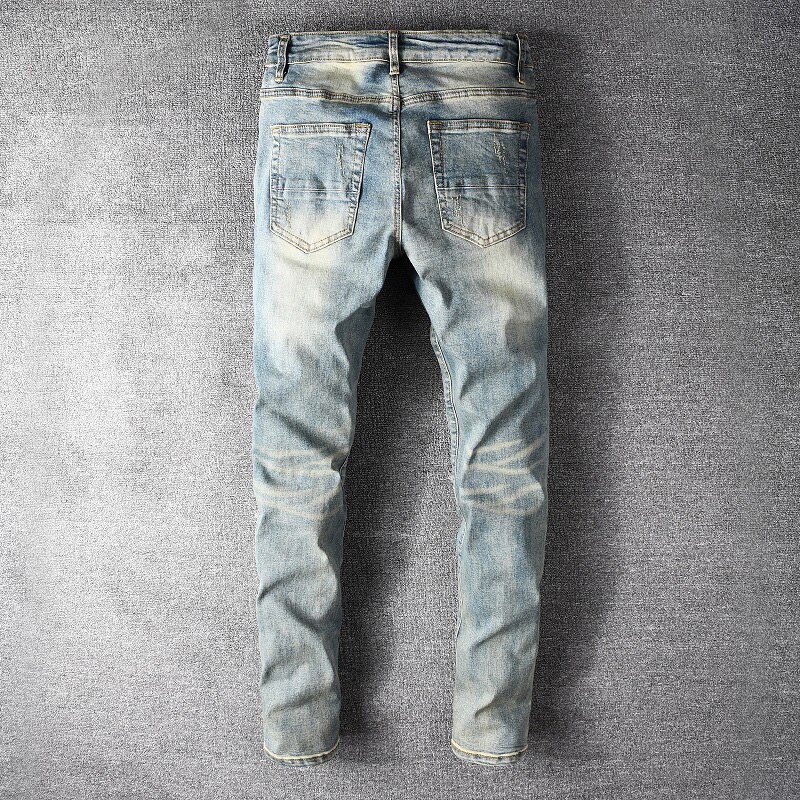 Men's Patchwork Ripped Biker Jeans – Stretch Denim, Pleated Knees, Streetwear Style | Distressed Skinny Fit - View #4