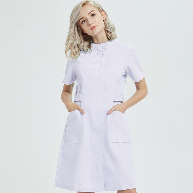 Enfermera verano ropa de trabajo de manga corta cuello redondo invierno de manga larga Hospital Médico farmacia belleza salón uniformes bata de laboratorio: White 01 / S