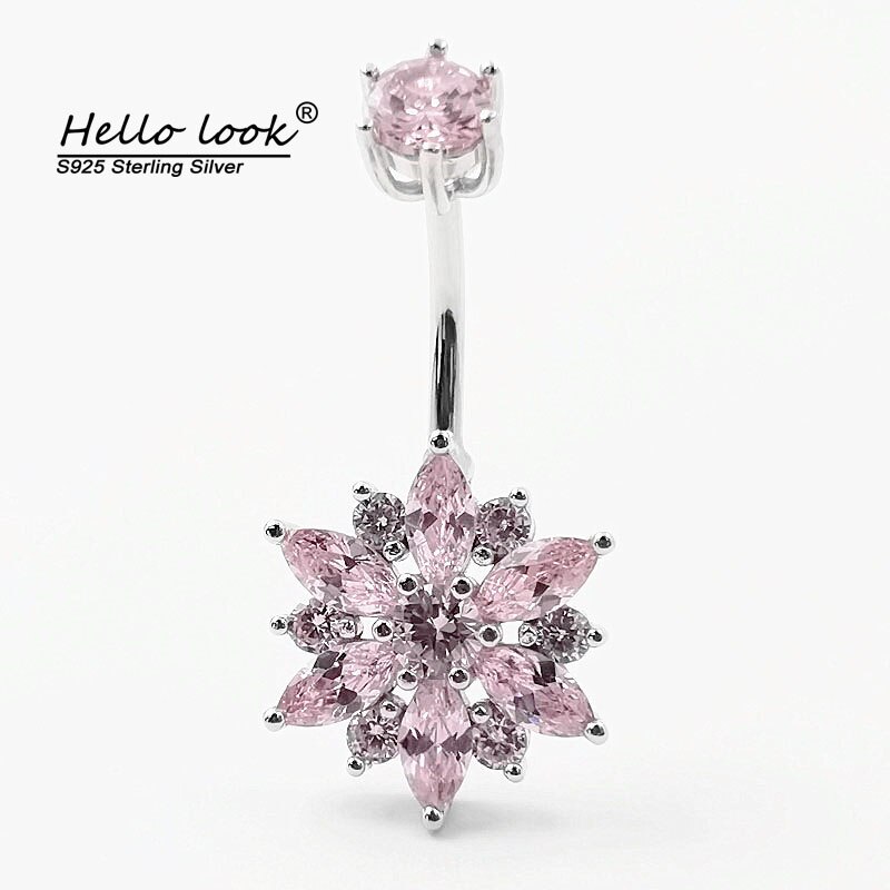 HelloLook 925 Sterling Silber Bauch durchbohren Geschmack Bar Ring Rosa Blume CZ Nabel durchbohren Schmuck Sommer Romantische: 6mm