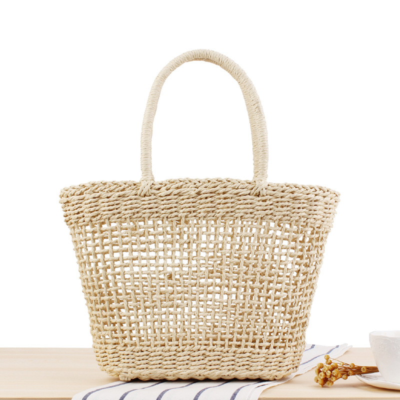Handgemaakte dames handtas bohemian holle strozak geweven zomer strandtassen dames mesh tas net tas mand tas: Beige holle handtas
