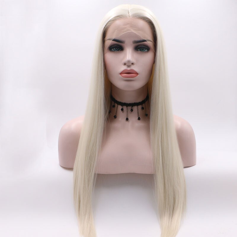 Bombshell White Color Straight Synthetic Hair Lace Front Wig Glueless Heat Resistant Fiber Hair Middle Parting For Women Wigs
